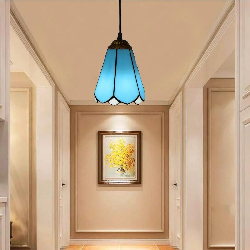 چراغ آویز 15 سانتی متری به سبک تیفانی، مینی آویز مدیترانه ای آبی رنگ با شیشه های رنگی، چراغ های آویز سقفی E27 برای راهرو اتاق غذاخوری 110V-240