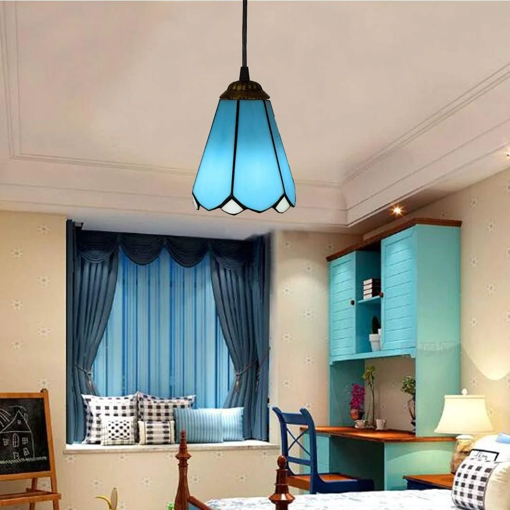 چراغ آویز 15 سانتی متری به سبک تیفانی، مینی آویز مدیترانه ای آبی رنگ با شیشه های رنگی، چراغ های آویز سقفی E27 برای راهرو اتاق غذاخوری 110V-240
