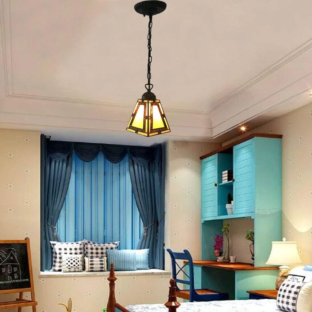 چراغ آویز طرح تیفانی، مینی مربعی 7 اینچی، چراغ های آویز سقفی شیشه ای رنگی به سبک اروپایی برای بالکن، راهرو، اتاق خواب E27 110V-240 چراغ آویز طرح تیفانی، مینی مربعی 7 اینچی، چراغ های آویز سقفی شیشه ای رنگی به سبک اروپایی برای بالکن، راهرو، اتاق خواب E27 110V-240