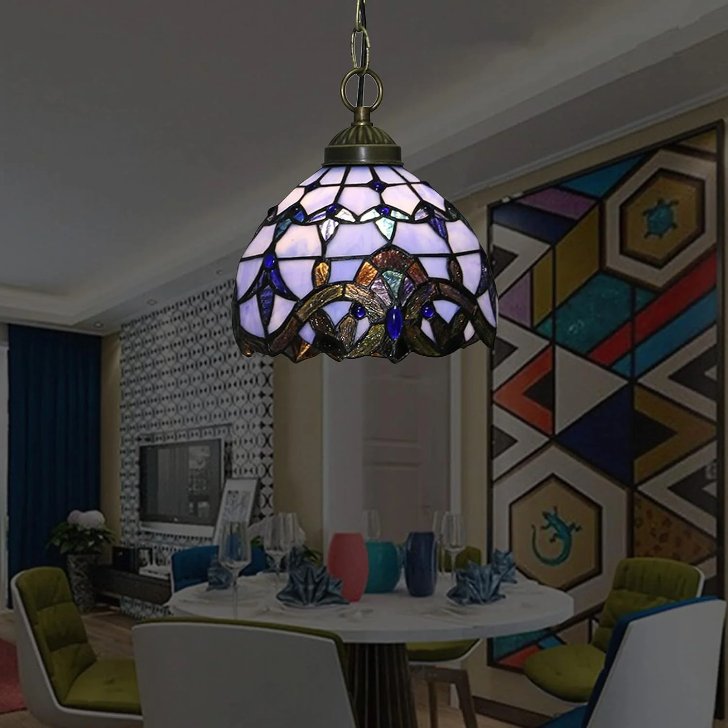 چراغ آویز کوچک به سبک تیفانی برای جزیره آشپزخانه، لوستر آویز با شیشه رنگی بنفش آبی 8 اینچی، چراغ آویز وینتیج برای راهرو اتاق غذاخوری چراغ آویز کوچک به سبک تیفانی برای جزیره آشپزخانه، لوستر آویز با شیشه رنگی بنفش آبی 8 اینچی، چراغ آویز وینتیج برای راهرو اتاق غذاخوری
