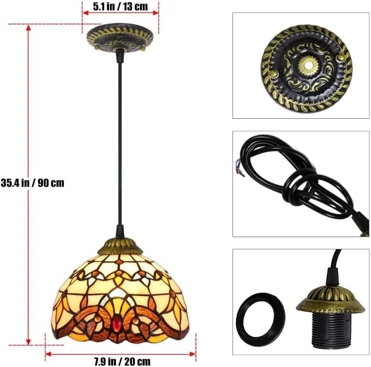 چراغ آویز 8 اینچی به سبک تیفانی، لوستر آویز شیشه ای رنگی باروک چراغ آویز 8 اینچی به سبک تیفانی، لوستر آویز شیشه ای رنگی باروک