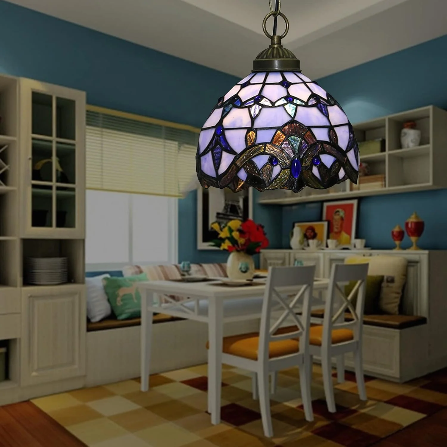 چراغ آویز کوچک به سبک تیفانی برای جزیره آشپزخانه، لوستر آویز با شیشه رنگی بنفش آبی 8 اینچی، چراغ آویز وینتیج برای راهرو اتاق غذاخوری چراغ آویز کوچک به سبک تیفانی برای جزیره آشپزخانه، لوستر آویز با شیشه رنگی بنفش آبی 8 اینچی، چراغ آویز وینتیج برای راهرو اتاق غذاخوری