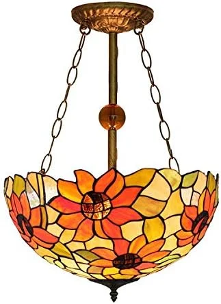چراغ آویز به سبک تیفانی، چراغ سقفی آویز، چراغ های روشنایی قدیمی با سایه شیشه ای رنگی گل آفتابگردان 16 اینچی با روکش برنز عتیقه چراغ آویز به سبک تیفانی، چراغ سقفی آویز، چراغ های روشنایی قدیمی با سایه شیشه ای رنگی گل آفتابگردان 16 اینچی با روکش برنز عتیقه