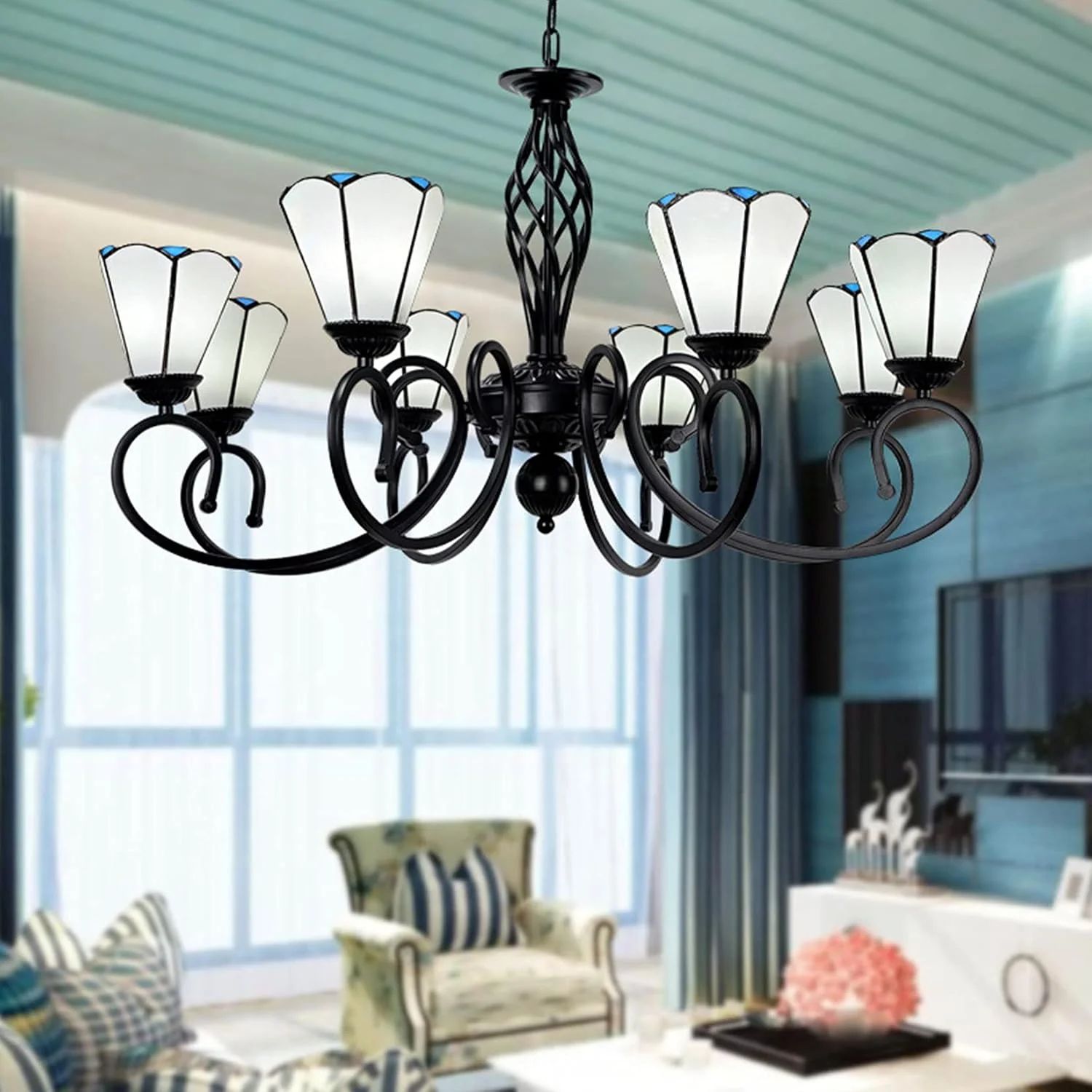 لوسترهای تیفانی مدیترانه ای با شیشه رنگی 6 اینچی، چراغ آویز سقفی، چراغ آویز برای اتاق نشیمن، اتاق غذاخوری، اتاق خواب، ایوان، راهرو، آشپزخانه، هتل، سفید - 8 شاخه لوسترهای تیفانی مدیترانه ای با شیشه رنگی 6 اینچی، چراغ آویز سقفی، چراغ آویز برای اتاق نشیمن، اتاق غذاخوری، اتاق خواب، ایوان، راهرو، آشپزخانه، هتل، سفید - 8 شاخه