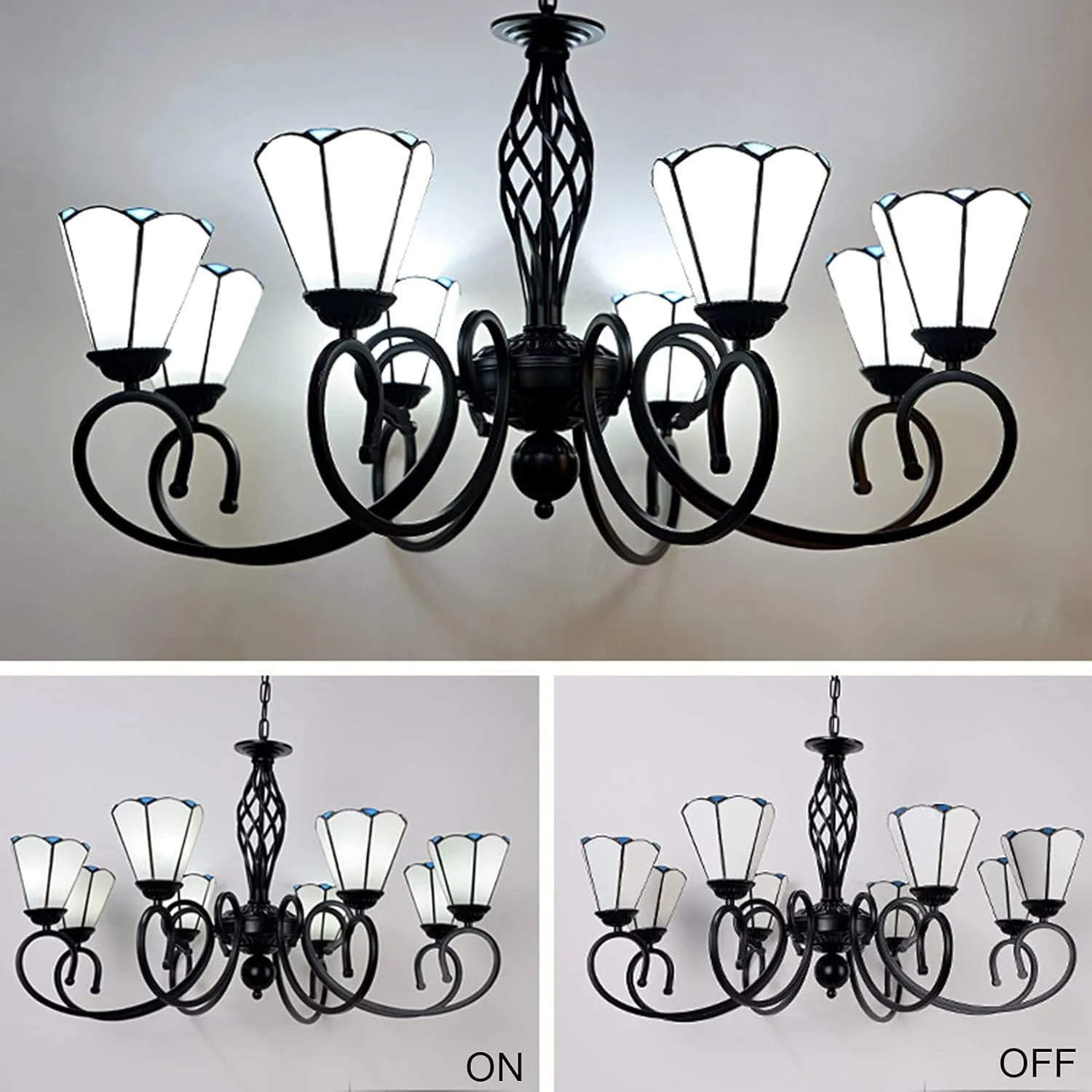 لوسترهای تیفانی مدیترانه ای با شیشه رنگی 6 اینچی، چراغ آویز سقفی، چراغ آویز برای اتاق نشیمن، اتاق غذاخوری، اتاق خواب، ایوان، راهرو، آشپزخانه، هتل، سفید - 8 شاخه لوسترهای تیفانی مدیترانه ای با شیشه رنگی 6 اینچی، چراغ آویز سقفی، چراغ آویز برای اتاق نشیمن، اتاق غذاخوری، اتاق خواب، ایوان، راهرو، آشپزخانه، هتل، سفید - 8 شاخه