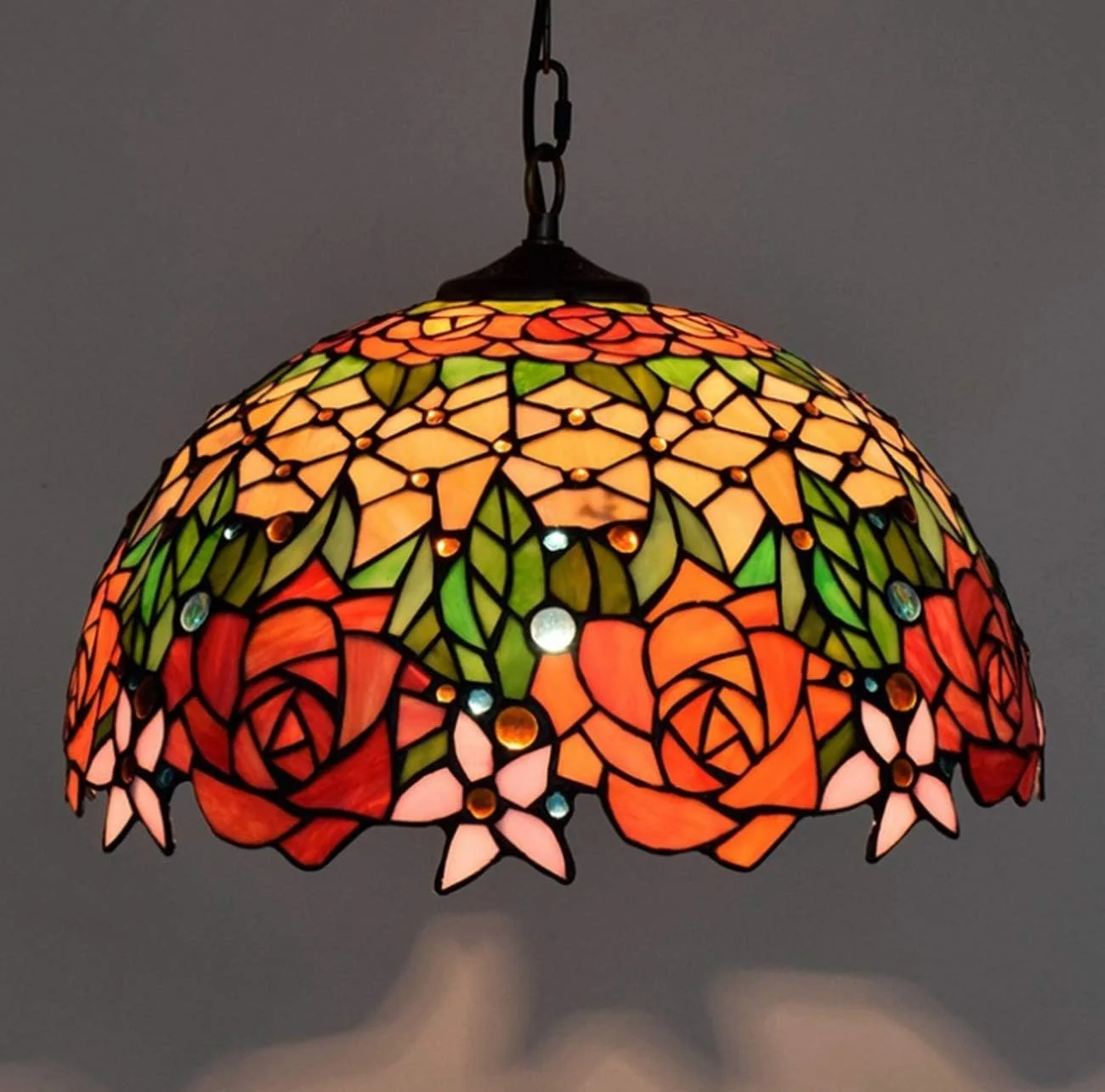 چراغ آویز 16 اینچی به سبک تیفانی، لوستر هنری گل رز ظریف شیشه ای رنگی برای اتاق ناهارخوری/کافه، 30 * 90 سانتی متر چراغ آویز 16 اینچی به سبک تیفانی، لوستر هنری گل رز ظریف شیشه ای رنگی برای اتاق ناهارخوری/کافه، 30 * 90 سانتی متر