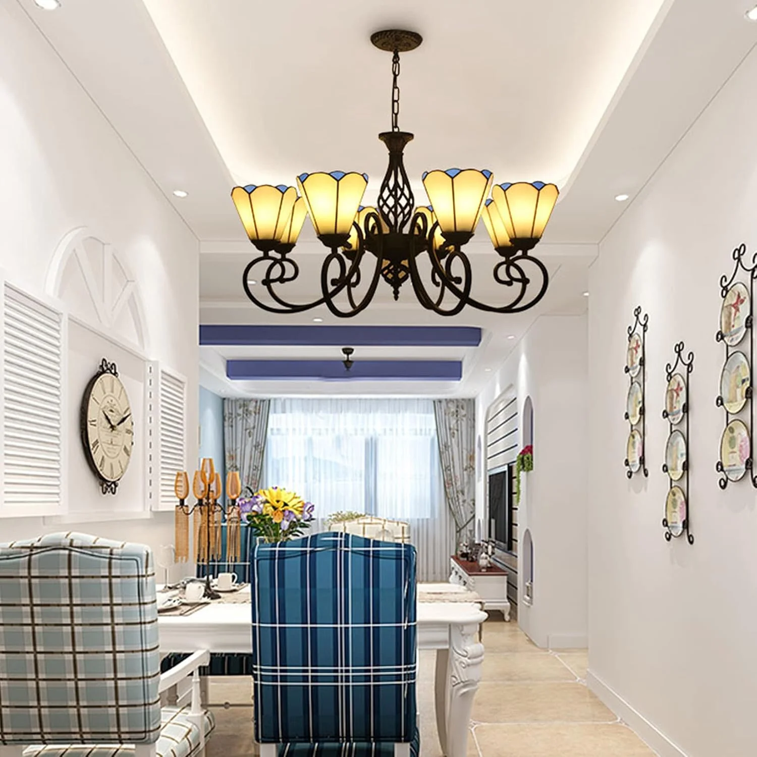 لوسترهای تیفانی مدیترانه ای با شیشه رنگی 6 اینچی، چراغ آویز سقفی، چراغ آویز برای اتاق نشیمن، اتاق غذاخوری، اتاق خواب، ایوان، راهرو، آشپزخانه، هتل، سفید - 8 شاخه لوسترهای تیفانی مدیترانه ای با شیشه رنگی 6 اینچی، چراغ آویز سقفی، چراغ آویز برای اتاق نشیمن، اتاق غذاخوری، اتاق خواب، ایوان، راهرو، آشپزخانه، هتل، سفید - 8 شاخه