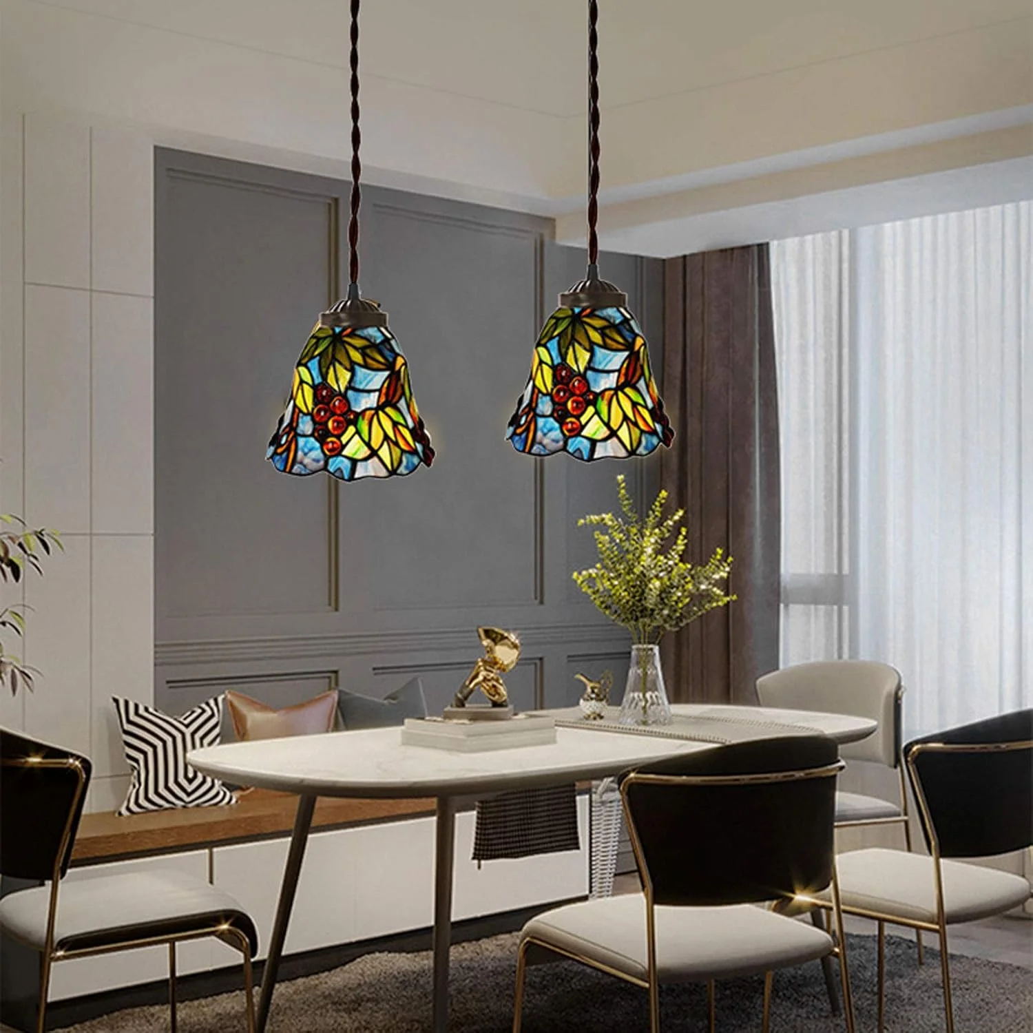 چراغ آویز سبک تیفانی 6 اینچی طرح روستایی، دارای مهره های کریستالی و انگور، مینی لامپ آویز شیشه ای رنگی، مناسب اتاق نشیمن، اتاق غذاخوری، راهرو و بالکن با سرپیچ E27