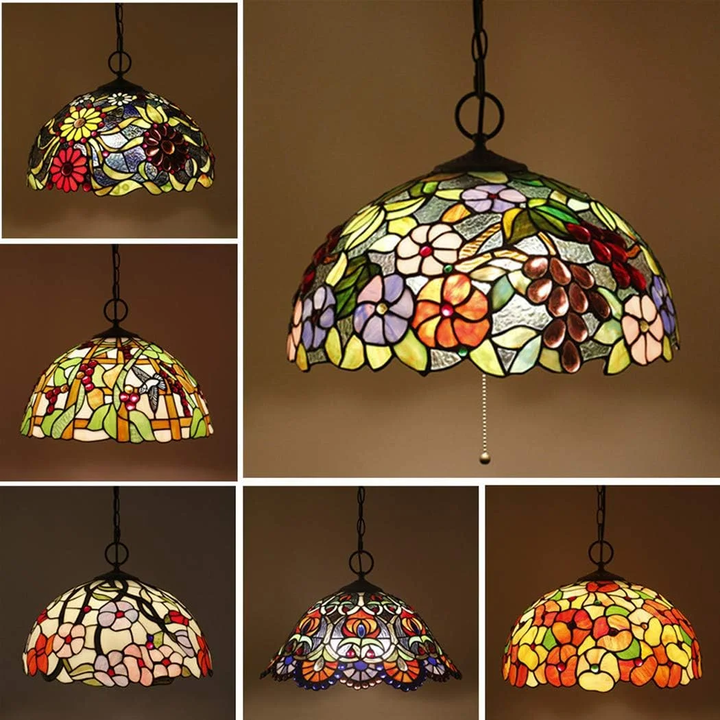 لوستر آویز طرح تیفانی 16 اینچی، چراغ سقفی شیشه ای رنگی، لوستر آویز هنری رترو مناسب رستوران، E27,B لوستر آویز طرح تیفانی 16 اینچی، چراغ سقفی شیشه ای رنگی، لوستر آویز هنری رترو مناسب رستوران، E27,B