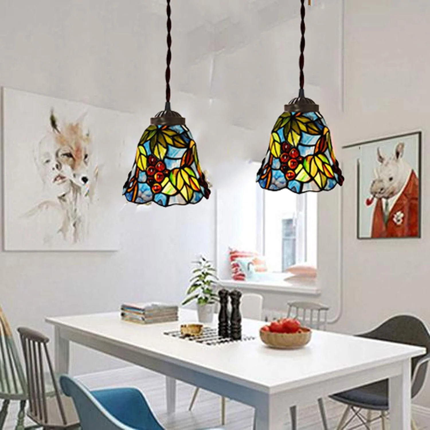 چراغ آویز سبک تیفانی 6 اینچی طرح روستایی، دارای مهره های کریستالی و انگور، مینی لامپ آویز شیشه ای رنگی، مناسب اتاق نشیمن، اتاق غذاخوری، راهرو و بالکن با سرپیچ E27