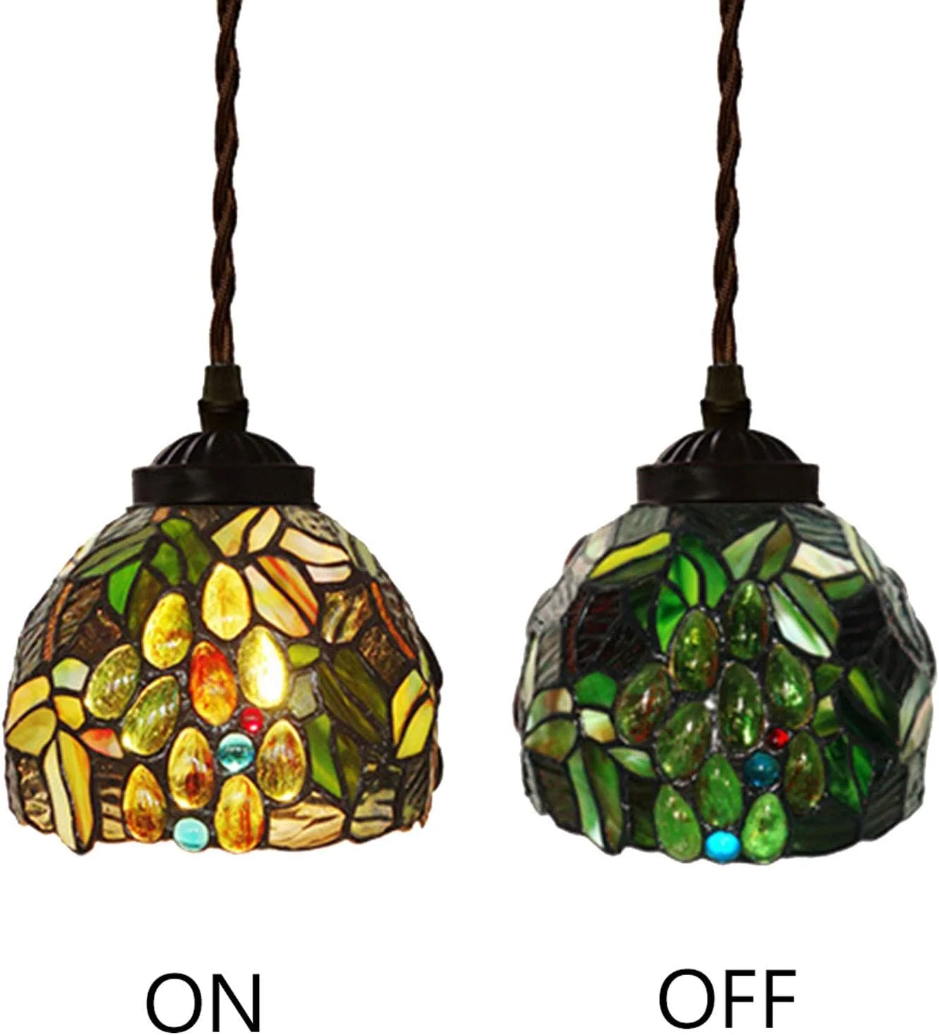 چراغ آویز آویز به سبک تیفانی، 7 اینچ عرض، مهره های کریستالی انگور، آباژور شیشه ای رنگی، لوستر تزئینی قدیمی E27 1 چراغ برای جزیره آشپزخانه، اتاق غذاخوری، راهرو