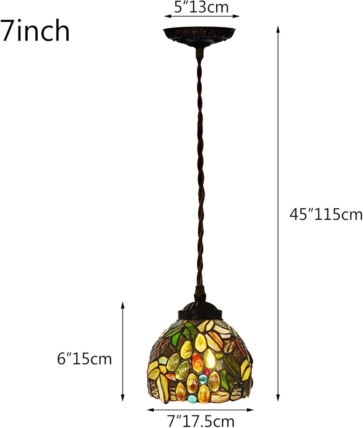 چراغ آویز آویز به سبک تیفانی، 7 اینچ عرض، مهره های کریستالی انگور، آباژور شیشه ای رنگی، لوستر تزئینی قدیمی E27 1 چراغ برای جزیره آشپزخانه، اتاق غذاخوری، راهرو