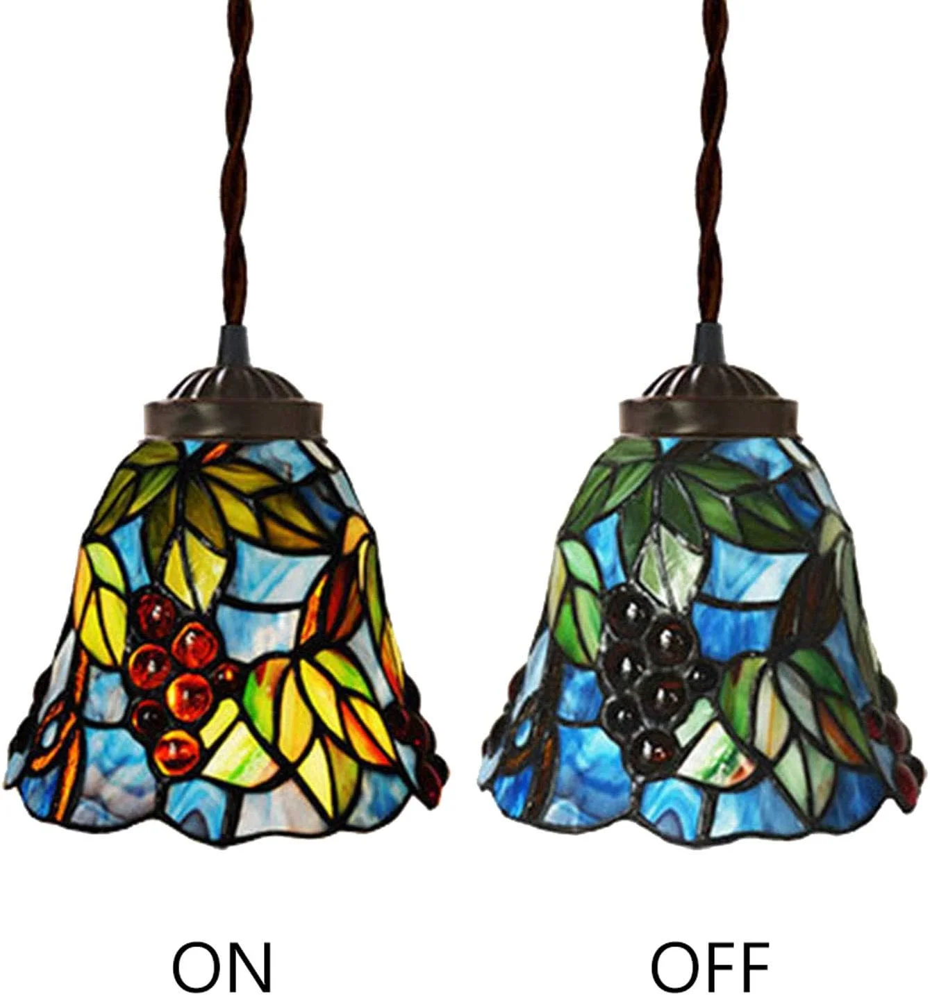 چراغ آویز سبک تیفانی 6 اینچی طرح روستایی، دارای مهره های کریستالی و انگور، مینی لامپ آویز شیشه ای رنگی، مناسب اتاق نشیمن، اتاق غذاخوری، راهرو و بالکن با سرپیچ E27