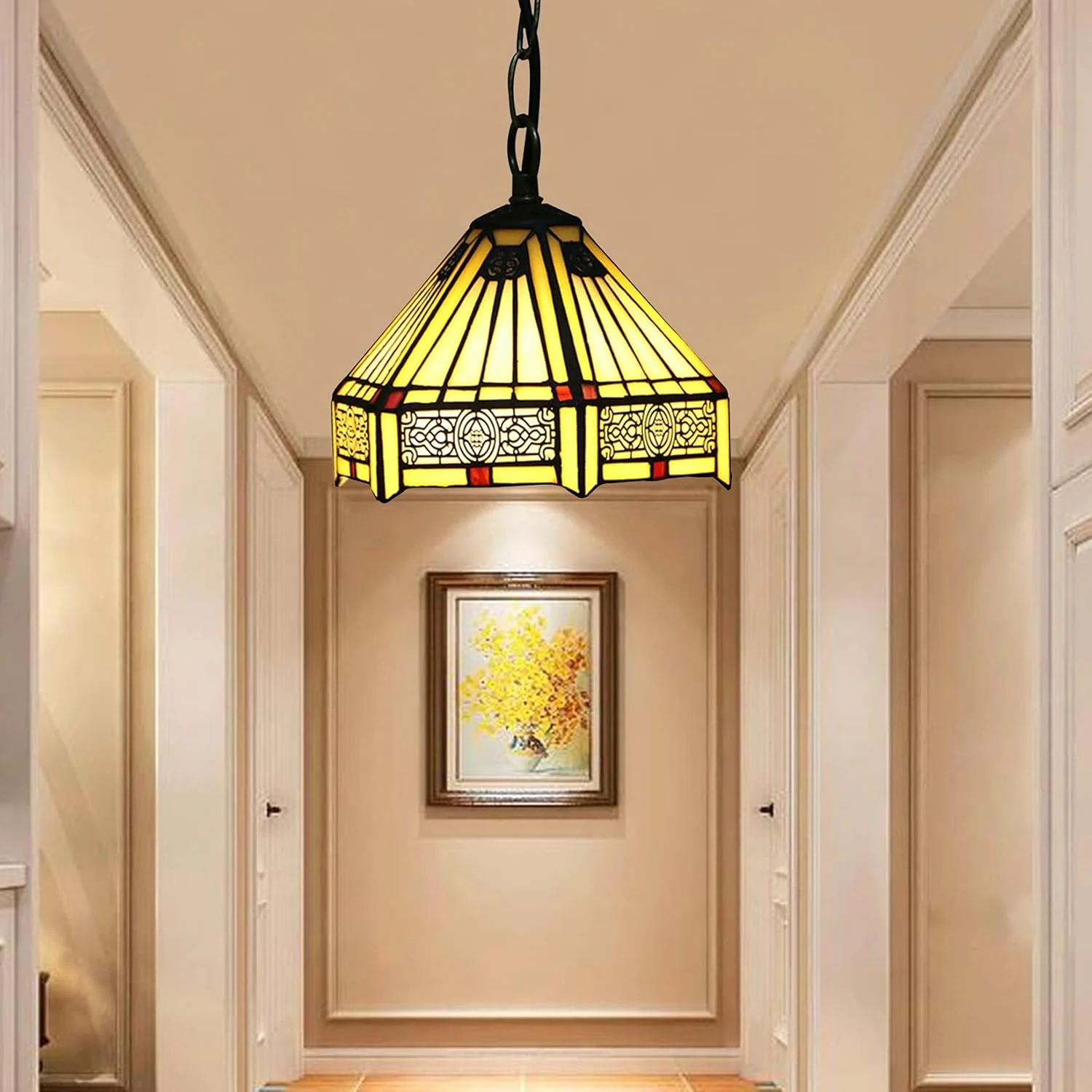 چراغ آویز تیفانی برای جزیره آشپزخانه، لوستر کوچک، صنعتی، روستایی، آویز، خانه روستایی، شیشه رنگی 8 اینچی، سایه شش ضلعی، لامپ آویز بوهمی، اتاق خواب، ورودی، اتاق غذاخوری