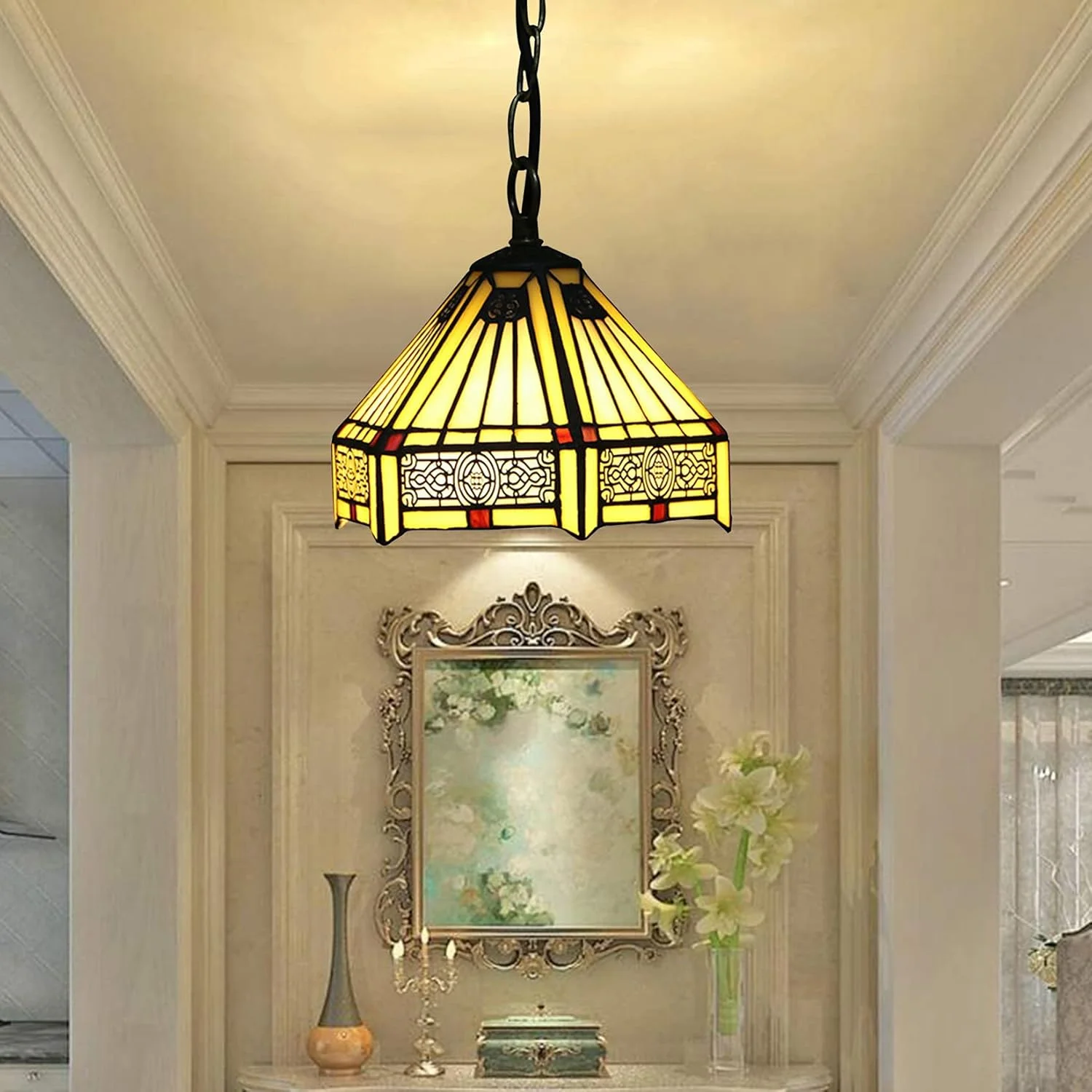 چراغ آویز تیفانی برای جزیره آشپزخانه، لوستر کوچک، صنعتی، روستایی، آویز، خانه روستایی، شیشه رنگی 8 اینچی، سایه شش ضلعی، لامپ آویز بوهمی، اتاق خواب، ورودی، اتاق غذاخوری