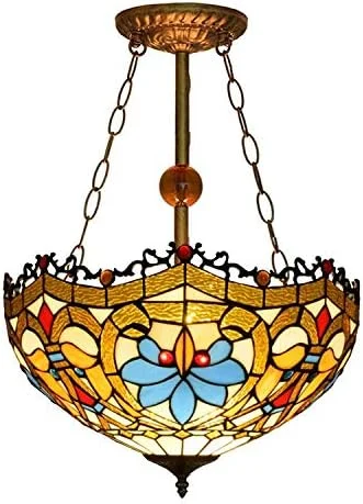 چراغ آویز به سبک تیفانی 16 اینچی، بدنه لامپ شیشه ای رنگی دست ساز، لوستر باروک رترو خلاقانه برای رستوران، E27 چراغ آویز به سبک تیفانی 16 اینچی، بدنه لامپ شیشه ای رنگی دست ساز، لوستر باروک رترو خلاقانه برای رستوران، E27