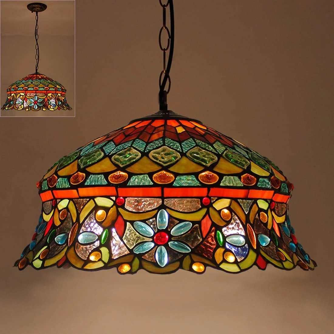 چراغ سقفی به سبک تیفانی، چراغ های آویز شیشه ای رنگی با سایه بان، آویز تزئینی رترو مناسب دکوراسیون اتاق نشیمن و اتاق خواب [کلاس انرژی A ++]