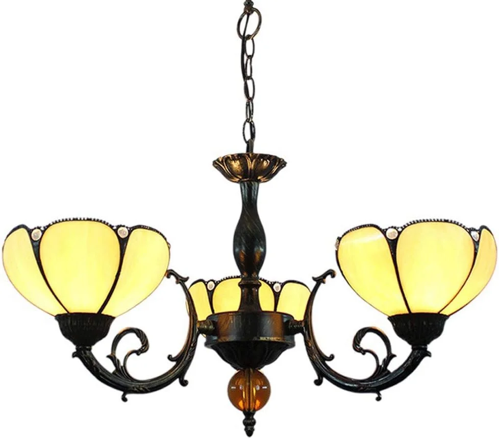 لوستر به سبک تیفانی، لوستر شیشه ای رنگی 3/5 شاخه با آباژور زرد گرم 8 اینچی، چراغ آویز برای اتاق نشیمن، 3 لامپ لوستر به سبک تیفانی، لوستر شیشه ای رنگی 3/5 شاخه با آباژور زرد گرم 8 اینچی، چراغ آویز برای اتاق نشیمن، 3 لامپ