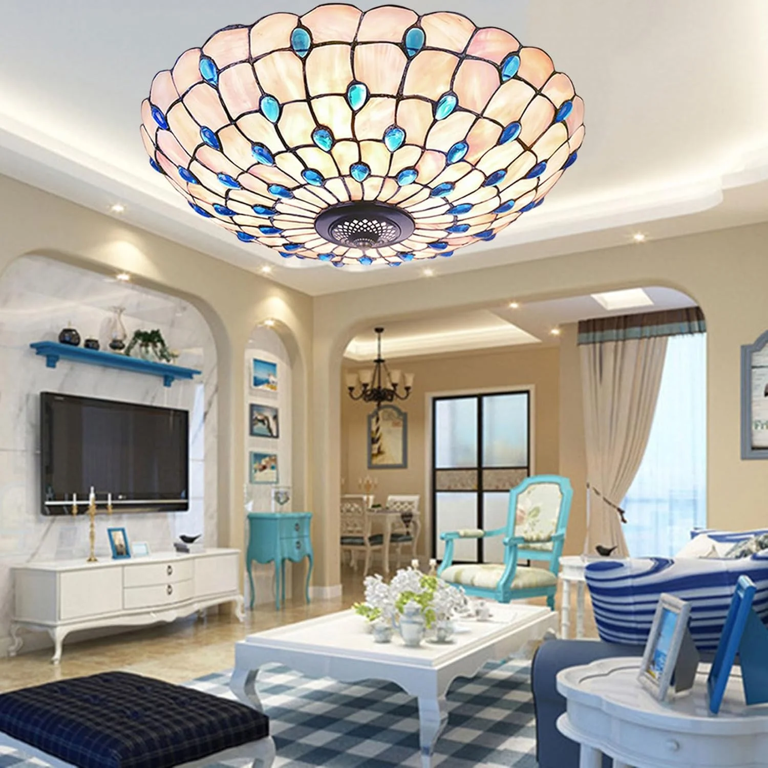 چراغ سقفی تیفانی، چراغ طاووسی دست ساز با شیشه رنگی، مناسب اتاق خواب، چراغ سقفی توکار برای حمام، اتاق نشیمن، اتاق غذاخوری، آشپزخانه، ایوان، آبی - 40 سانتی متر چراغ سقفی تیفانی، چراغ طاووسی دست ساز با شیشه رنگی، مناسب اتاق خواب، چراغ سقفی توکار برای حمام، اتاق نشیمن، اتاق غذاخوری، آشپزخانه، ایوان، آبی - 40 سانتی متر