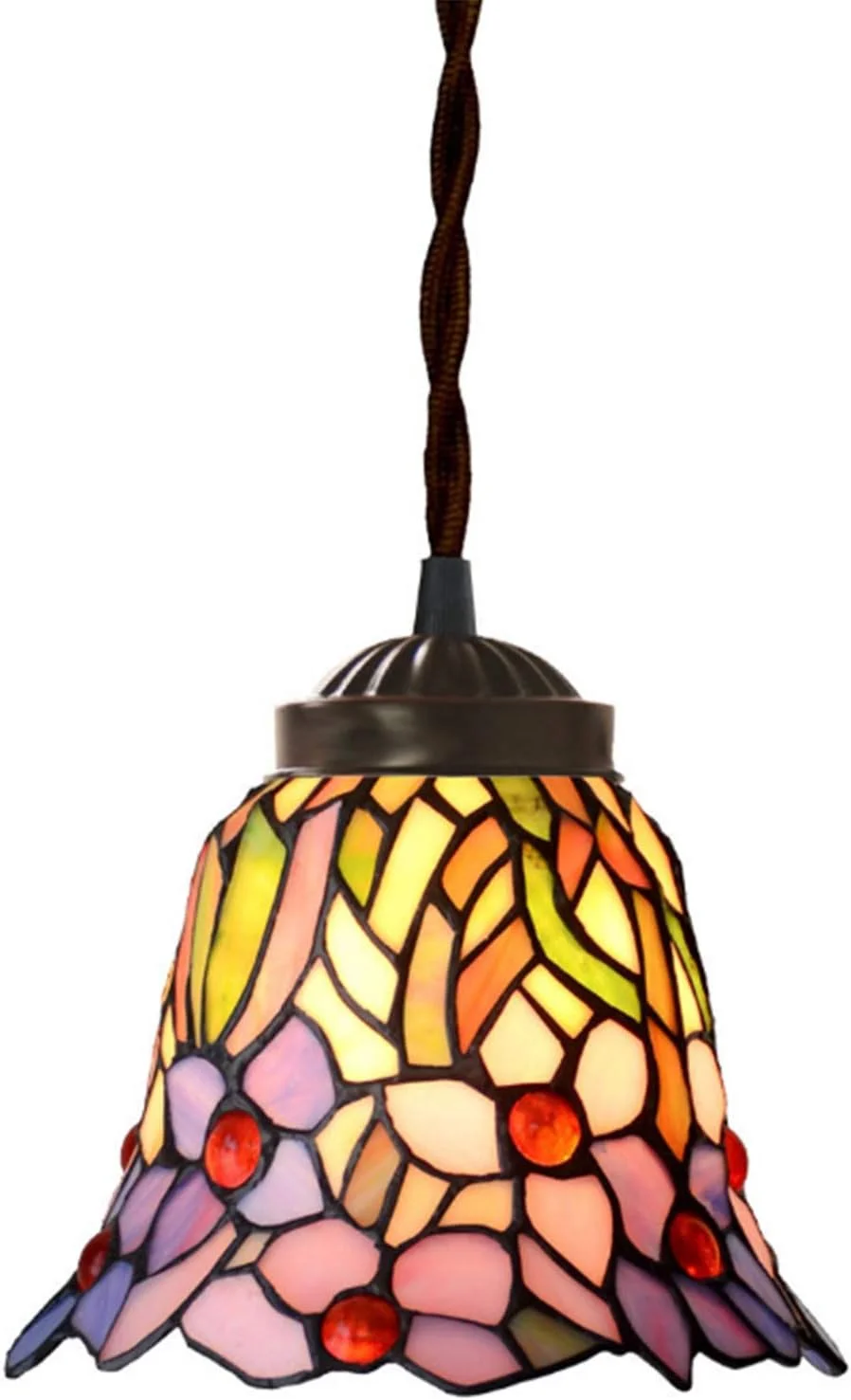 چراغ آویز کوچک دست ساز به سبک تیفانی، شید گل های آبی صورتی شیشه ای رنگی طرح روستایی 7 اینچی، لامپ آویز E27 برای رستوران چراغ آویز کوچک دست ساز به سبک تیفانی، شید گل های آبی صورتی شیشه ای رنگی طرح روستایی 7 اینچی، لامپ آویز E27 برای رستوران