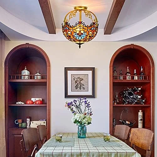 لوستر سقفی تزئینی تیفانی، چراغ سقفی 12 اینچی، چراغ سقفی به سبک شیشه رنگی باروک قدیمی تیفانی، چراغ آویز اتاق نشیمن، چراغ راهرو