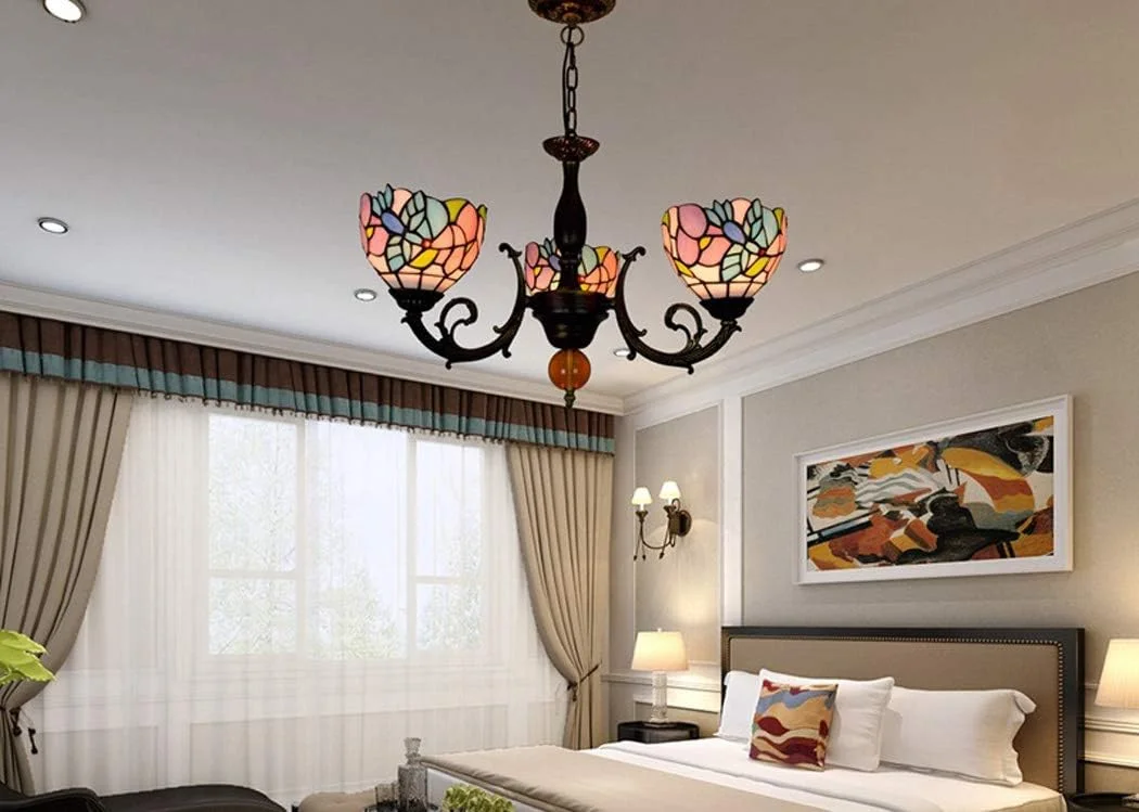 لوستر به سبک تیفانی، آویز شیشه ای طرح دار، چراغ آویز 3 سر کریستالی برای اتاق نشیمن، ناهارخوری و بار
