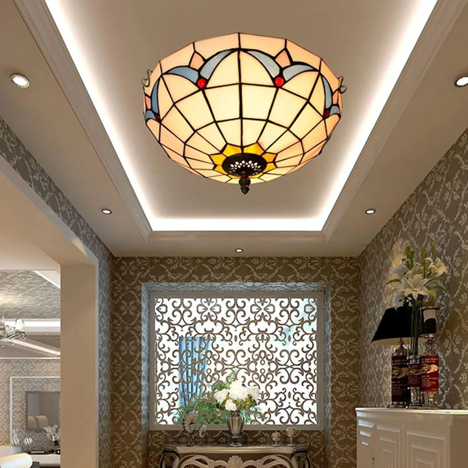 چراغ سقفی به سبک تیفانی، لوستر سقفی با شیشه رنگی 12 اینچی دست ساز طرح گل لیلی، مناسب برای راهرو، اتاق نشیمن و اتاق خواب چراغ سقفی به سبک تیفانی، لوستر سقفی با شیشه رنگی 12 اینچی دست ساز طرح گل لیلی، مناسب برای راهرو، اتاق نشیمن و اتاق خواب