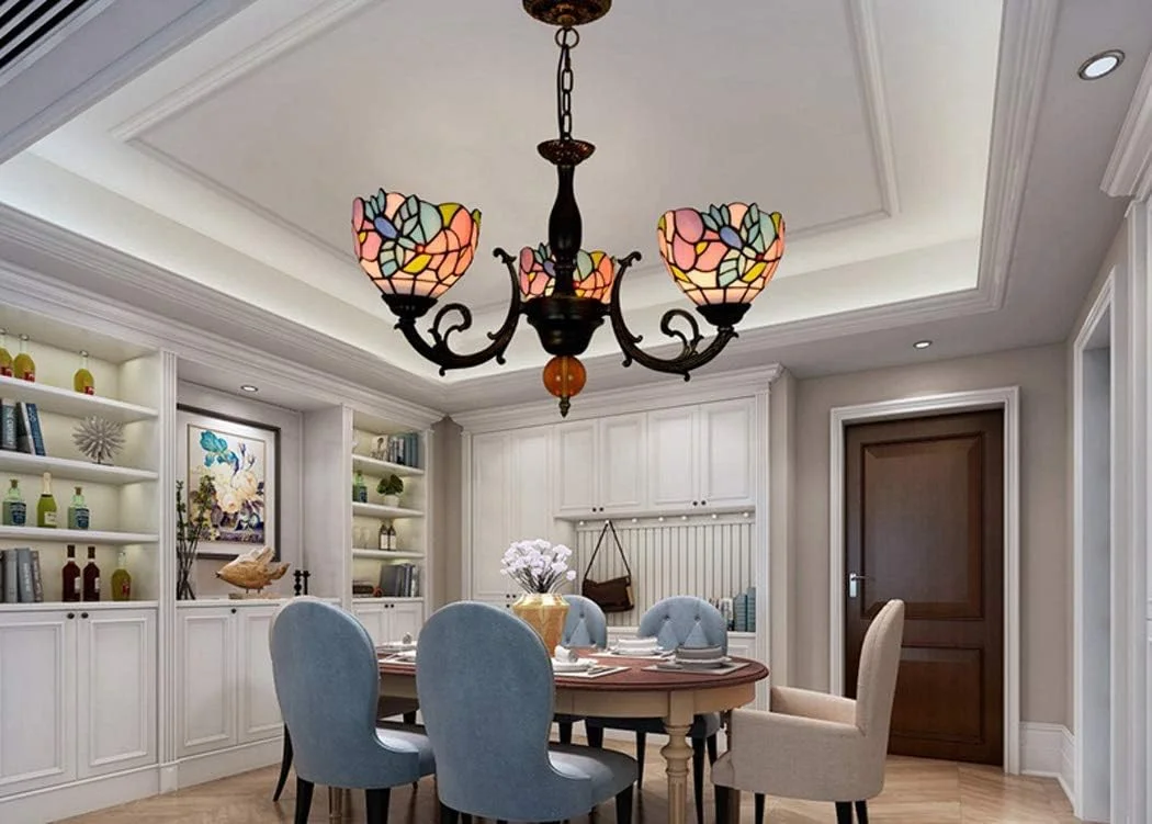 لوستر به سبک تیفانی، آویز شیشه ای طرح دار، چراغ آویز 3 سر کریستالی برای اتاق نشیمن، ناهارخوری و بار