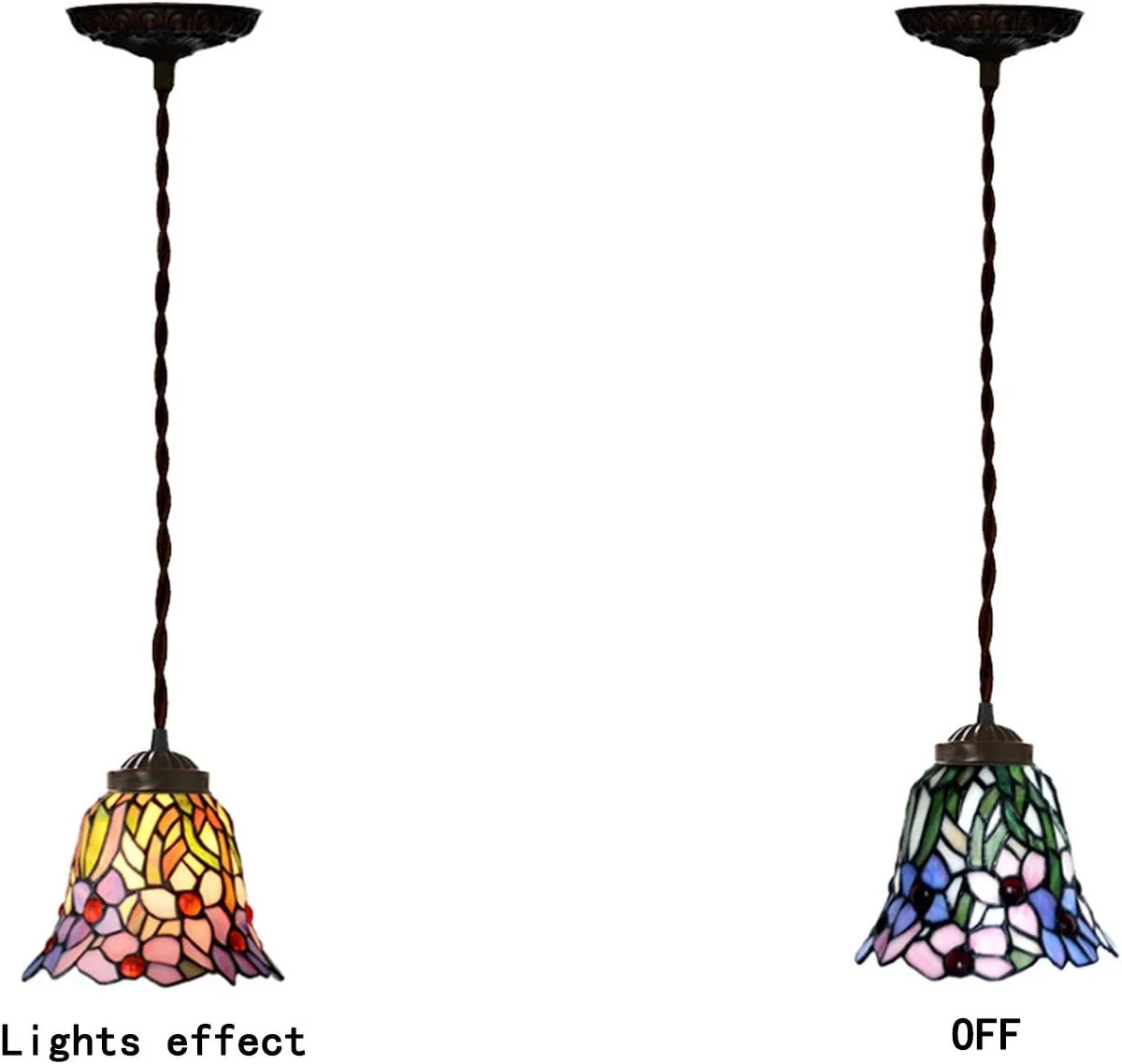 چراغ آویز کوچک دست ساز به سبک تیفانی، شید گل های آبی صورتی شیشه ای رنگی طرح روستایی 7 اینچی، لامپ آویز E27 برای رستوران چراغ آویز کوچک دست ساز به سبک تیفانی، شید گل های آبی صورتی شیشه ای رنگی طرح روستایی 7 اینچی، لامپ آویز E27 برای رستوران