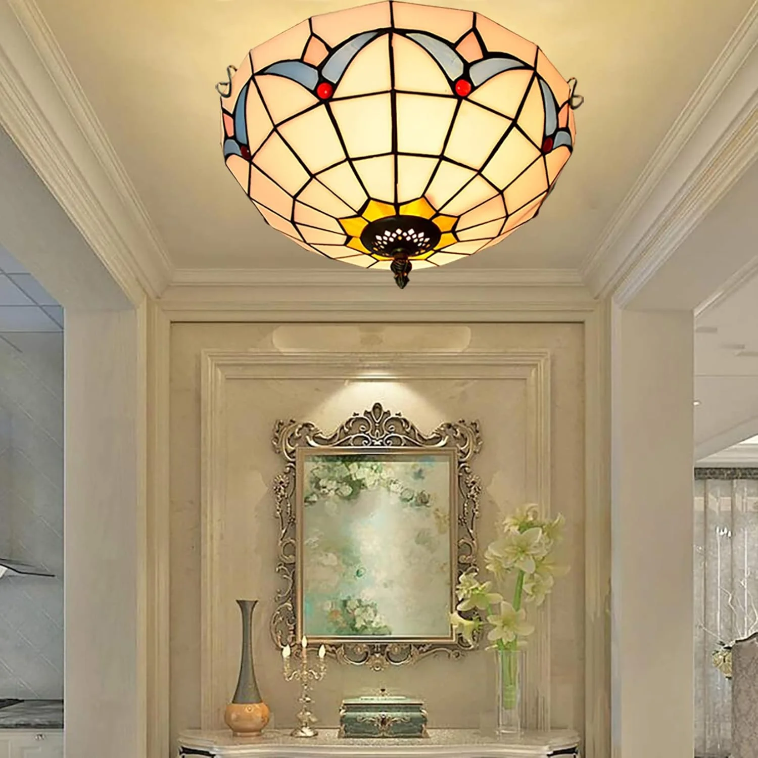 چراغ سقفی به سبک تیفانی، لوستر سقفی با شیشه رنگی 12 اینچی دست ساز طرح گل لیلی، مناسب برای راهرو، اتاق نشیمن و اتاق خواب چراغ سقفی به سبک تیفانی، لوستر سقفی با شیشه رنگی 12 اینچی دست ساز طرح گل لیلی، مناسب برای راهرو، اتاق نشیمن و اتاق خواب