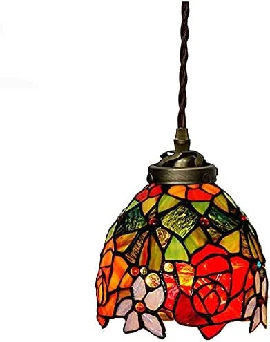لوستر رترو به سبک تیفانی، چراغ آویز دکوراتیو با شید شیشه ای رنگی طرح رز ساده 7 اینچی برای اتاق نشیمن، اتاق خواب یا آشپزخانه لوستر رترو به سبک تیفانی، چراغ آویز دکوراتیو با شید شیشه ای رنگی طرح رز ساده 7 اینچی برای اتاق نشیمن، اتاق خواب یا آشپزخانه