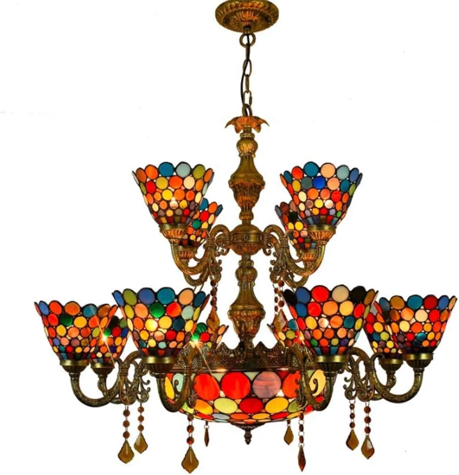 لوسترهای سبک تیفانی با 15 چراغ، آویز سقفی شیشه ای رنگی، چراغ آویز شیشه ای هنری 6 اینچی برای اتاق نشیمن، اتاق خواب، هتل، ویلا، E27، 40 وات لوسترهای سبک تیفانی با 15 چراغ، آویز سقفی شیشه ای رنگی، چراغ آویز شیشه ای هنری 6 اینچی برای اتاق نشیمن، اتاق خواب، هتل، ویلا، E27، 40 وات