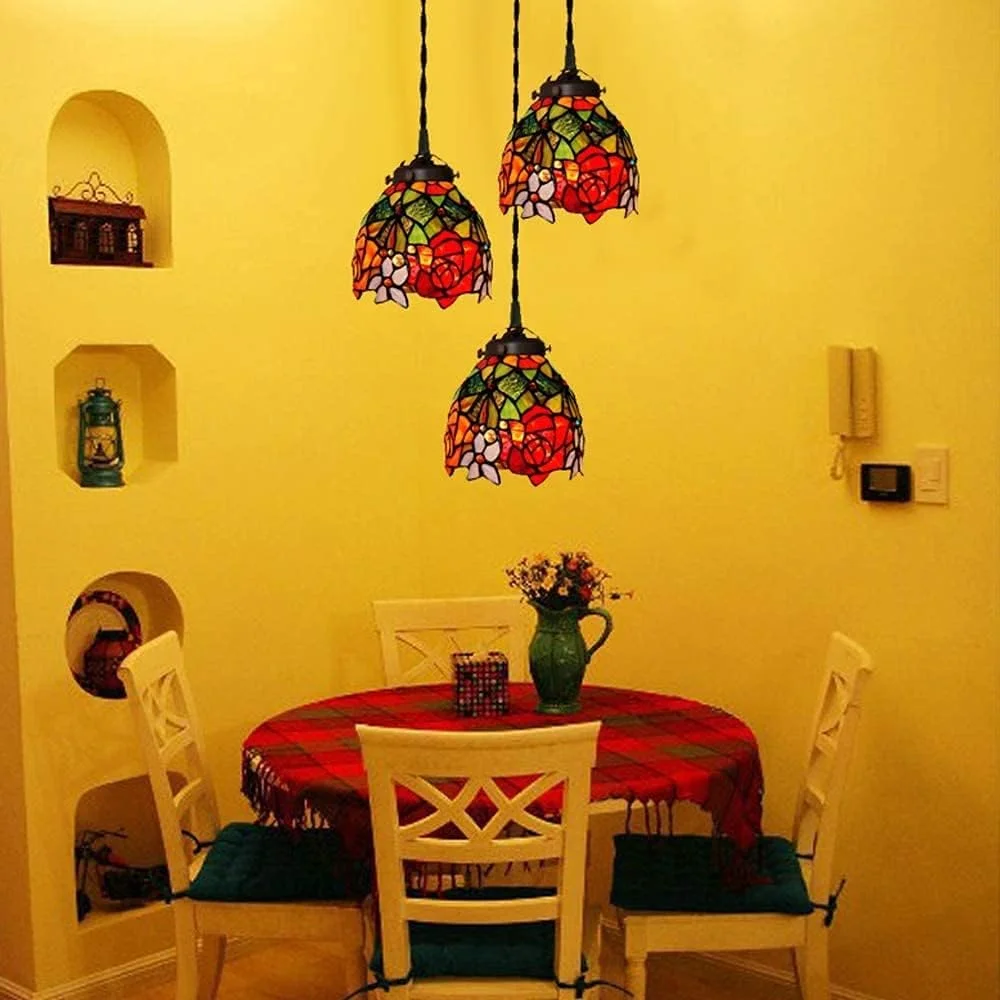 لوستر رترو به سبک تیفانی، چراغ آویز دکوراتیو با شید شیشه ای رنگی طرح رز ساده 7 اینچی برای اتاق نشیمن، اتاق خواب یا آشپزخانه لوستر رترو به سبک تیفانی، چراغ آویز دکوراتیو با شید شیشه ای رنگی طرح رز ساده 7 اینچی برای اتاق نشیمن، اتاق خواب یا آشپزخانه