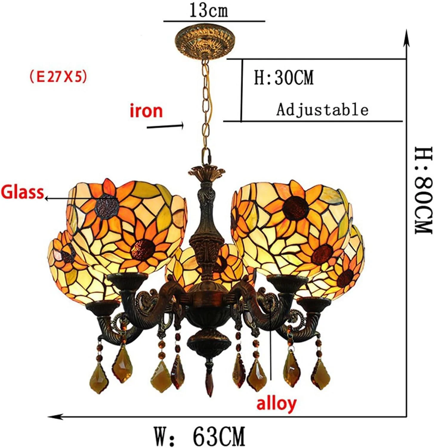 لوستر 5 شاخه طرح تیفانی، هنر شیشه رنگی طرح آفتابگردان، چراغ آویز با کلاهک 8 اینچی، مناسب برای اتاق نشیمن، اتاق خواب، کافه و بار لوستر 5 شاخه طرح تیفانی، هنر شیشه رنگی طرح آفتابگردان، چراغ آویز با کلاهک 8 اینچی، مناسب برای اتاق نشیمن، اتاق خواب، کافه و بار