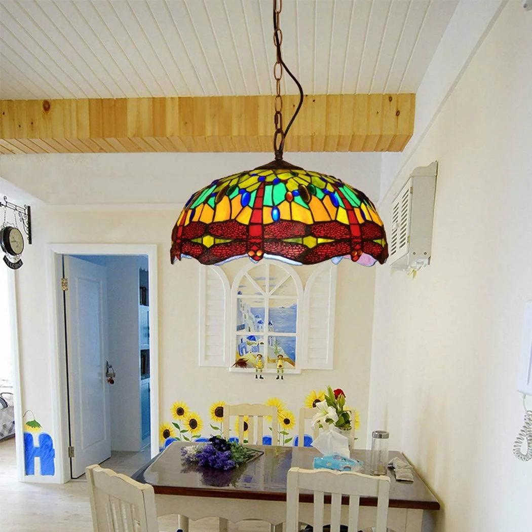 چراغ آویز طرح تیفانی با طرح سنجاقک، چراغ سقفی وینتیج با شیشه رنگی 16 اینچی مناسب جزیره آشپزخانه، اتاق غذاخوری، اتاق خواب، نشیمن چراغ آویز طرح تیفانی با طرح سنجاقک، چراغ سقفی وینتیج با شیشه رنگی 16 اینچی مناسب جزیره آشپزخانه، اتاق غذاخوری، اتاق خواب، نشیمن
