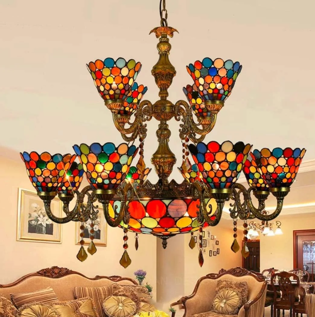 لوسترهای سبک تیفانی با 15 چراغ، آویز سقفی شیشه ای رنگی، چراغ آویز شیشه ای هنری 6 اینچی برای اتاق نشیمن، اتاق خواب، هتل، ویلا، E27، 40 وات لوسترهای سبک تیفانی با 15 چراغ، آویز سقفی شیشه ای رنگی، چراغ آویز شیشه ای هنری 6 اینچی برای اتاق نشیمن، اتاق خواب، هتل، ویلا، E27، 40 وات