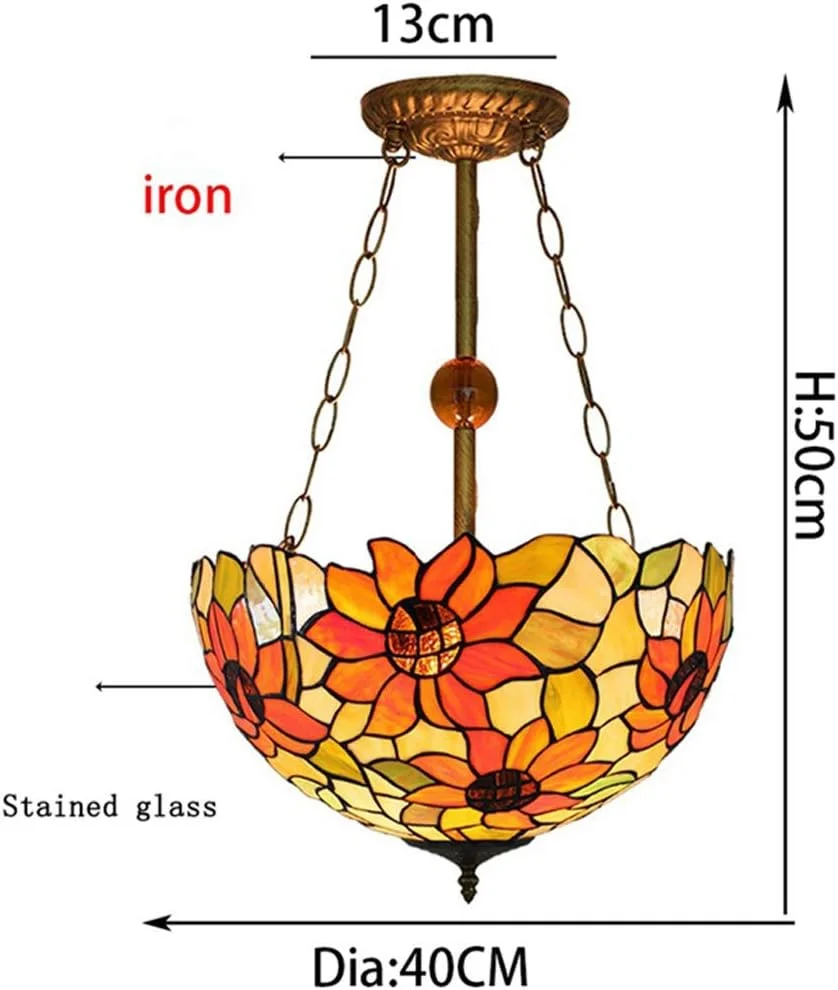 لوستر به سبک تیفانی، رمانتیک، طرح آفتابگردان، شیشه رنگی، چراغ سقفی چسبیده، چراغ آویز شیشه رنگی، چراغ سقفی نیمه چسبیده