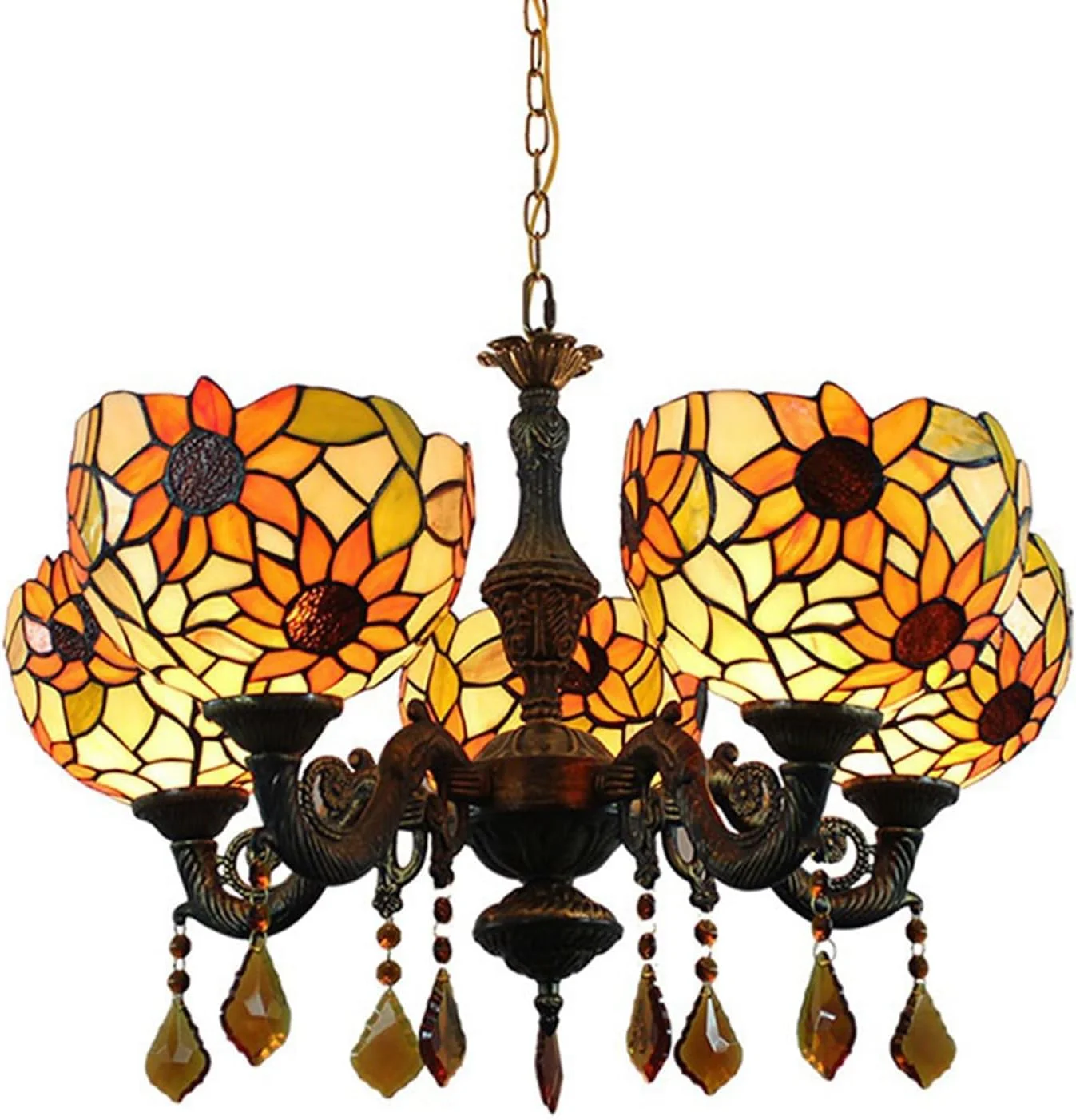 لوستر 5 شاخه طرح تیفانی، هنر شیشه رنگی طرح آفتابگردان، چراغ آویز با کلاهک 8 اینچی، مناسب برای اتاق نشیمن، اتاق خواب، کافه و بار لوستر 5 شاخه طرح تیفانی، هنر شیشه رنگی طرح آفتابگردان، چراغ آویز با کلاهک 8 اینچی، مناسب برای اتاق نشیمن، اتاق خواب، کافه و بار