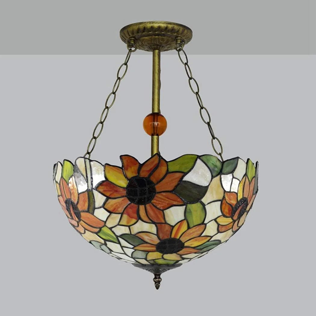 لوستر به سبک تیفانی، رمانتیک، طرح آفتابگردان، شیشه رنگی، چراغ سقفی چسبیده، چراغ آویز شیشه رنگی، چراغ سقفی نیمه چسبیده