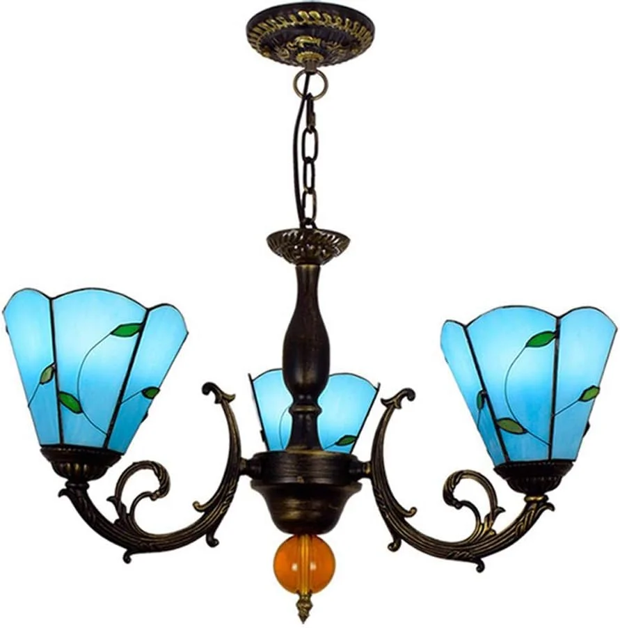 لوستر تیفانی، چراغ آویز سقفی وارونه 3 شاخه برگ آبی مدیترانه ای برای اتاق ناهارخوری، اتاق خواب یا ایوان E27 لوستر تیفانی، چراغ آویز سقفی وارونه 3 شاخه برگ آبی مدیترانه ای برای اتاق ناهارخوری، اتاق خواب یا ایوان E27