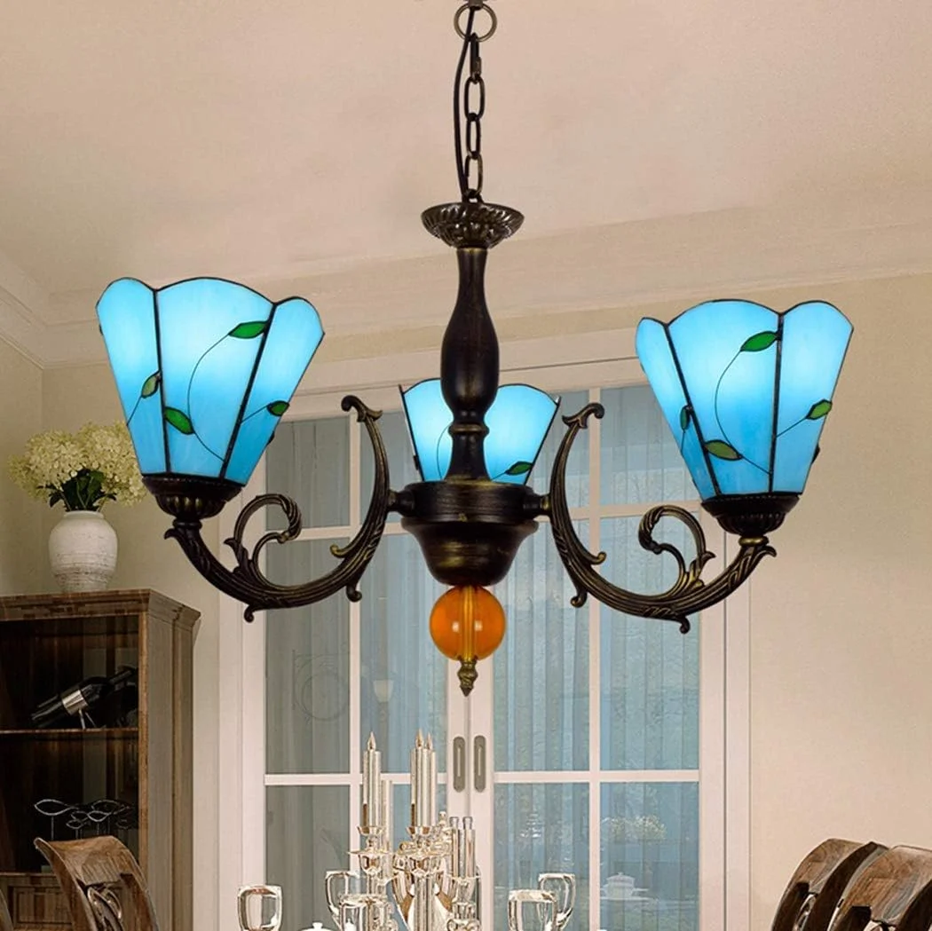 لوستر تیفانی، چراغ آویز سقفی وارونه 3 شاخه برگ آبی مدیترانه ای برای اتاق ناهارخوری، اتاق خواب یا ایوان E27 لوستر تیفانی، چراغ آویز سقفی وارونه 3 شاخه برگ آبی مدیترانه ای برای اتاق ناهارخوری، اتاق خواب یا ایوان E27