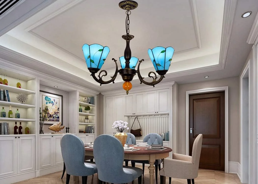 لوستر تیفانی، چراغ آویز سقفی وارونه 3 شاخه برگ آبی مدیترانه ای برای اتاق ناهارخوری، اتاق خواب یا ایوان E27 لوستر تیفانی، چراغ آویز سقفی وارونه 3 شاخه برگ آبی مدیترانه ای برای اتاق ناهارخوری، اتاق خواب یا ایوان E27