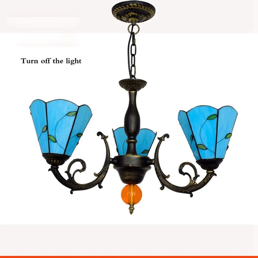 لوستر تیفانی، چراغ آویز سقفی وارونه 3 شاخه برگ آبی مدیترانه ای برای اتاق ناهارخوری، اتاق خواب یا ایوان E27 لوستر تیفانی، چراغ آویز سقفی وارونه 3 شاخه برگ آبی مدیترانه ای برای اتاق ناهارخوری، اتاق خواب یا ایوان E27