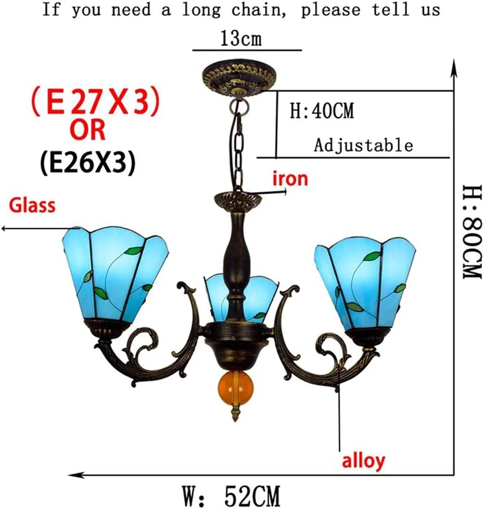 لوستر تیفانی، چراغ آویز سقفی وارونه 3 شاخه برگ آبی مدیترانه ای برای اتاق ناهارخوری، اتاق خواب یا ایوان E27 لوستر تیفانی، چراغ آویز سقفی وارونه 3 شاخه برگ آبی مدیترانه ای برای اتاق ناهارخوری، اتاق خواب یا ایوان E27