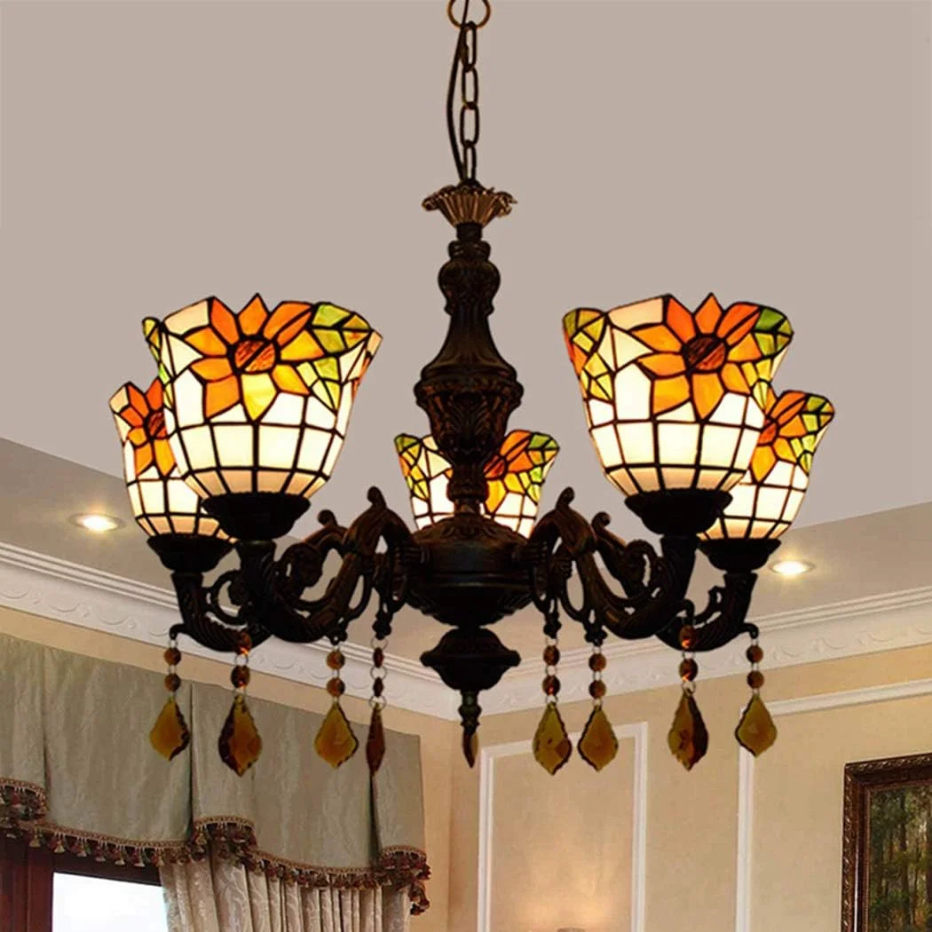 لوستر به سبک تیفانی، چراغ سقفی مدرن و ساده 3 شاخه با آباژور شیشه ای رنگ آفتابگردان گرم 6 اینچی، چراغ آویز سقفی برای رستوران اتاق خواب، E27، 5 چراغ لوستر به سبک تیفانی، چراغ سقفی مدرن و ساده 3 شاخه با آباژور شیشه ای رنگ آفتابگردان گرم 6 اینچی، چراغ آویز سقفی برای رستوران اتاق خواب، E27، 5 چراغ