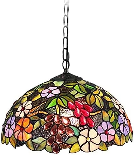 لوستر به سبک تیفانی 16 اینچی، آویز چراغ شیشه ای رنگی با طرح گل انگور، روشنایی معلق تزئینی اتاق نشیمن لوستر به سبک تیفانی 16 اینچی، آویز چراغ شیشه ای رنگی با طرح گل انگور، روشنایی معلق تزئینی اتاق نشیمن
