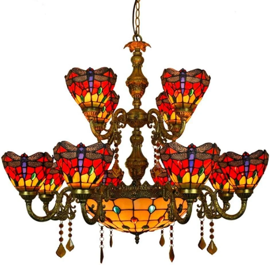 لوستر به سبک تیفانی، چراغ آویز شیشه ای رنگی طرح سنجاقک قرمز، 12+3 شعله، چراغ آویز سقفی 35 اینچی با کاسه مرکزی برای اتاق نشیمن، اتاق خواب، هتل، E27، 40 وات لوستر به سبک تیفانی، چراغ آویز شیشه ای رنگی طرح سنجاقک قرمز، 12+3 شعله، چراغ آویز سقفی 35 اینچی با کاسه مرکزی برای اتاق نشیمن، اتاق خواب، هتل، E27، 40 وات