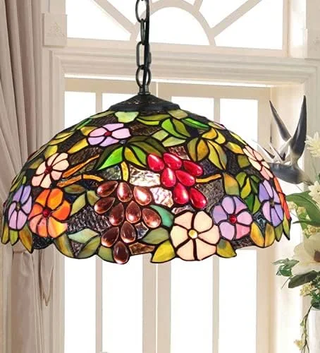 لوستر به سبک تیفانی 16 اینچی، آویز چراغ شیشه ای رنگی با طرح گل انگور، روشنایی معلق تزئینی اتاق نشیمن لوستر به سبک تیفانی 16 اینچی، آویز چراغ شیشه ای رنگی با طرح گل انگور، روشنایی معلق تزئینی اتاق نشیمن