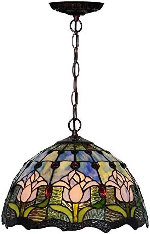 لوستر به سبک تیفانی، چراغ آویز آویز، عرض 12 اینچ، شیشه رنگی طرح دار، دکور نور عتیقه و قدیمی لوستر به سبک تیفانی، چراغ آویز آویز، عرض 12 اینچ، شیشه رنگی طرح دار، دکور نور عتیقه و قدیمی