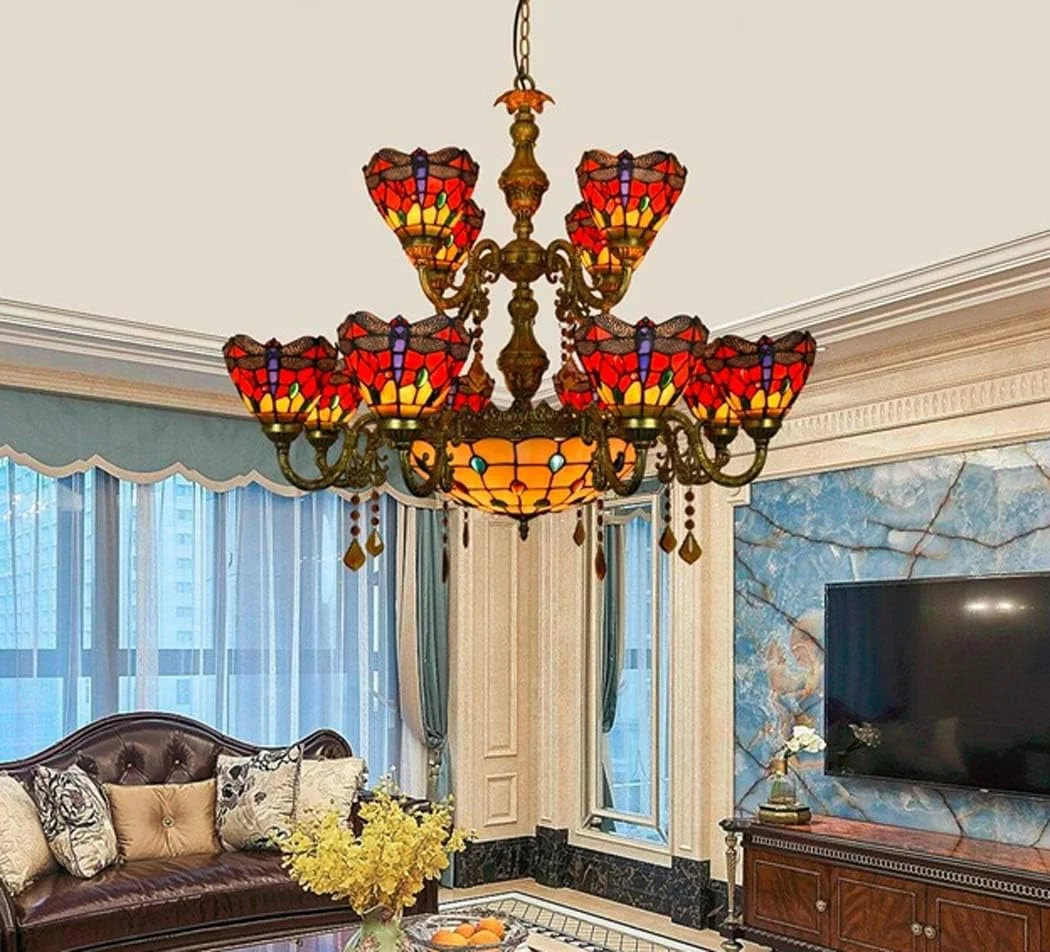 لوستر به سبک تیفانی، چراغ آویز شیشه ای رنگی طرح سنجاقک قرمز، 12+3 شعله، چراغ آویز سقفی 35 اینچی با کاسه مرکزی برای اتاق نشیمن، اتاق خواب، هتل، E27، 40 وات لوستر به سبک تیفانی، چراغ آویز شیشه ای رنگی طرح سنجاقک قرمز، 12+3 شعله، چراغ آویز سقفی 35 اینچی با کاسه مرکزی برای اتاق نشیمن، اتاق خواب، هتل، E27، 40 وات